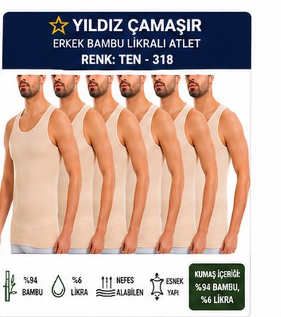 Yıldız Çamaşır Erkek Bambu Likralı Askılı Atlet (315-316-317-318)- 6 Adet
