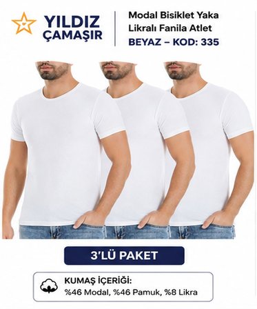 Yıldız Çamaşır Erkek Modal Bisiklet Yaka Likralı Fanila Atlet (335-336-337-338)- 3 Adet