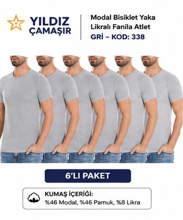 Yıldız Çamaşır Erkek Modal Bisiklet Yaka Likralı Fanila Atlet (335-336-337-338)- 6 Adet