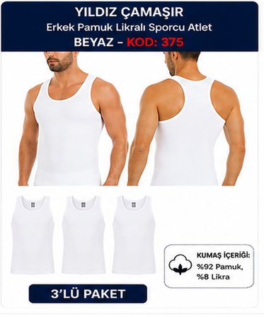 Yıldız Çamaşır Erkek Pamuk Likralı Sporcu Atlet (375-376-377)- 3Adet