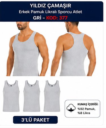Yıldız Çamaşır Erkek Pamuk Likralı Sporcu Atlet (375-376-377)- 3Adet