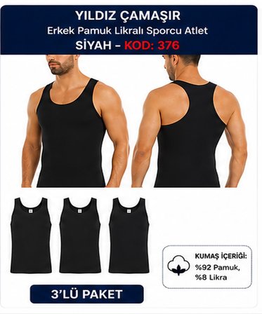 Yıldız Çamaşır Erkek Pamuk Likralı Sporcu Atlet (375-376-377)- 3Adet