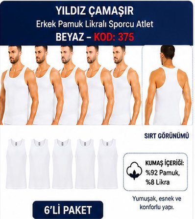 Yıldız Çamaşır Erkek Pamuk Likralı Sporcu Atlet (375-376-377)- 6 Adet