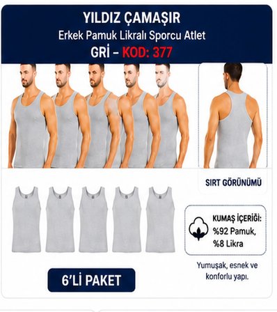 Yıldız Çamaşır Erkek Pamuk Likralı Sporcu Atlet (375-376-377)- 6 Adet