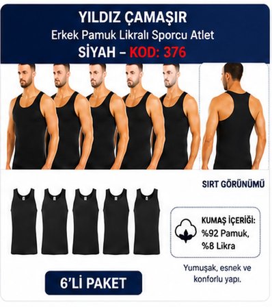 Yıldız Çamaşır Erkek Pamuk Likralı Sporcu Atlet (375-376-377)- 6 Adet
