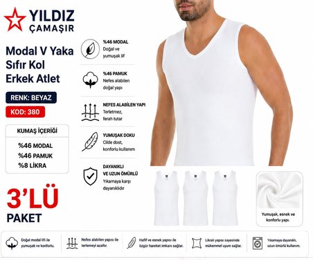Yıldız Çamaşır Erkek Modal V Yaka Sıfır Kol Likralı Fanila Atlet (380-381)- 3 Adet