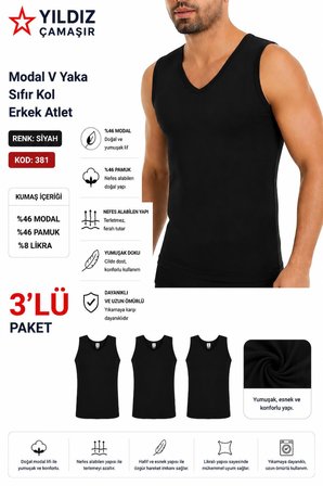 Yıldız Çamaşır Erkek Modal V Yaka Sıfır Kol Likralı Fanila Atlet (380-381)- 3 Adet