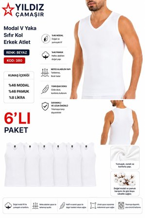 Yıldız Çamaşır Erkek Modal V Yaka Sıfır Kol Likralı Fanila Atlet (380-381)- 6 Adet