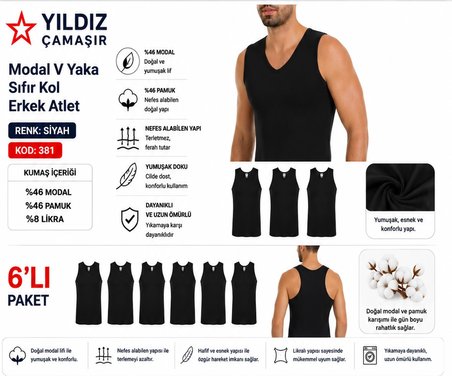 Yıldız Çamaşır Erkek Modal V Yaka Sıfır Kol Likralı Fanila Atlet (380-381)- 6 Adet