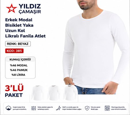 Yıldız Çamaşır Erkek Modal Bisiklet Yaka Uzun Kol Likralı Fanila Atlet (385-386-387)- 3 Adet