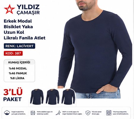 Yıldız Çamaşır Erkek Modal Bisiklet Yaka Uzun Kol Likralı Fanila Atlet (385-386-387)- 3 Adet