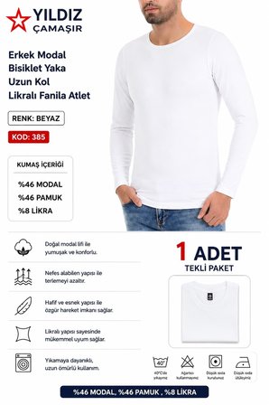 Yıldız Çamaşır Erkek Modal Bisiklet Yaka Uzun Kol Likralı Fanila Atlet (385-386-387)- 1 Adet