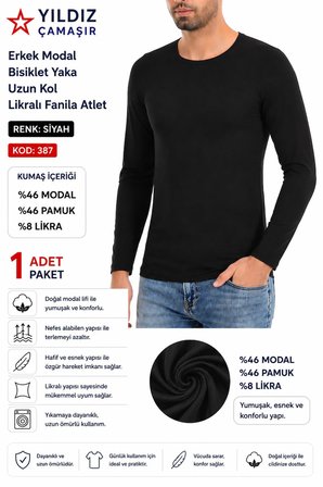 Yıldız Çamaşır Erkek Modal Bisiklet Yaka Uzun Kol Likralı Fanila Atlet (385-386-387)- 1 Adet