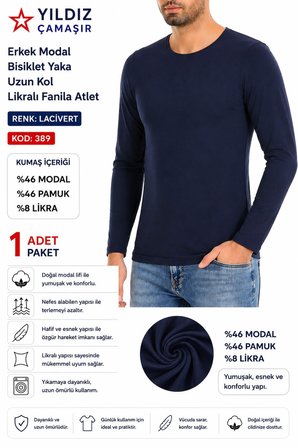 Yıldız Çamaşır Erkek Modal Bisiklet Yaka Uzun Kol Likralı Fanila Atlet (385-386-387)- 1 Adet