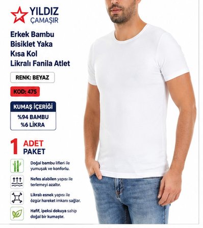 Yıldız Çamaşır Erkek Bambu Bisiklet Yaka Kısa Kol Likralı Fanila Atlet (475-476-477)- 1 Adet