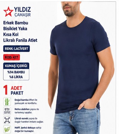 Yıldız Çamaşır Erkek Bambu Bisiklet Yaka Kısa Kol Likralı Fanila Atlet (475-476-477)- 1 Adet