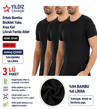 Yıldız Çamaşır Erkek Bambu Bisiklet Yaka Kısa Kol Likralı Fanila Atlet (475-476-477)- 3 Adet