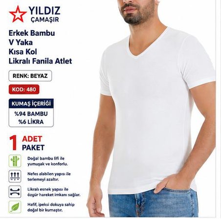 Yıldız Çamaşır Erkek Bambu V Yaka Kısa Kol Likralı Fanila Atlet (480-481-482)- 1 Adet