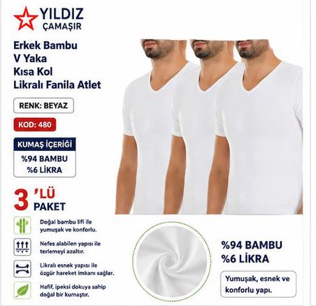 Yıldız Çamaşır Erkek Bambu V Yaka Kısa Kol Likralı Fanila Atlet (480-481-482)- 3 Adet