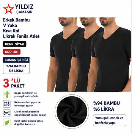Yıldız Çamaşır Erkek Bambu V Yaka Kısa Kol Likralı Fanila Atlet (480-481-482)- 3 Adet