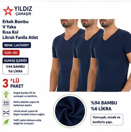 Yıldız Çamaşır Erkek Bambu V Yaka Kısa Kol Likralı Fanila Atlet (480-481-482)- 3 Adet