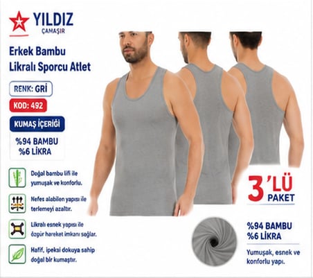 Yıldız Çamaşır Erkek Bambu Sporcu Likralı  Atlet (490-491-492)- 3 Adet