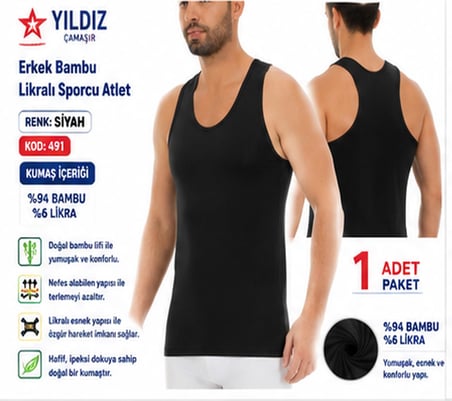 Yıldız Çamaşır Erkek Bambu Sporcu Likralı  Atlet (490-491-492)- 1 Adet