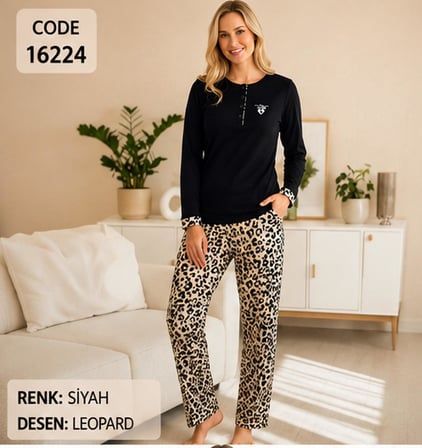Melodi Kadın Standart Kalıp %100 Pamuk Düğmeli Yaka Uzun Kollu Baharlık Pijama Takımı 16224 - 1 Adet