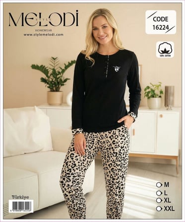 Melodi Kadın Standart Kalıp %100 Pamuk Düğmeli Yaka Uzun Kollu Baharlık Pijama Takımı 16224 - 1 Adet