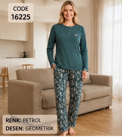 Melodi Kadın Standart Kalıp %100 Pamuk Düğmeli Yaka Uzun Kollu Baharlık Pijama Takımı 16225 - 1 Adet