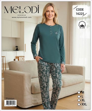 Melodi Kadın Standart Kalıp %100 Pamuk Düğmeli Yaka Uzun Kollu Baharlık Pijama Takımı 16225 - 1 Adet