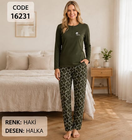 Melodi Kadın Standart Kalıp %100 Pamuk Düğmeli Yaka Uzun Kollu Baharlık Pijama Takımı 16231 - 1 Adet