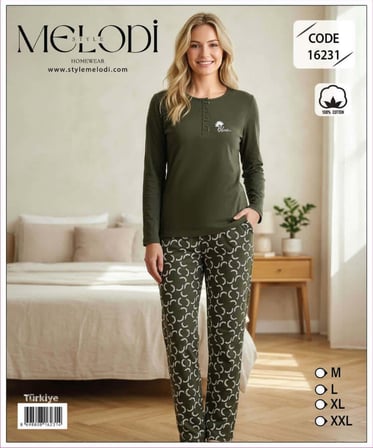 Melodi Kadın Standart Kalıp %100 Pamuk Düğmeli Yaka Uzun Kollu Baharlık Pijama Takımı 16231 - 1 Adet