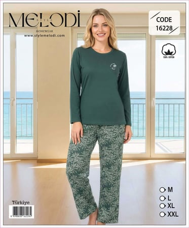 Melodi Kadın Standart Kalıp %100 Pamuk Bisiklet Yaka Uzun Kollu Baharlık Pijama Takımı 16228 - 1 Adet