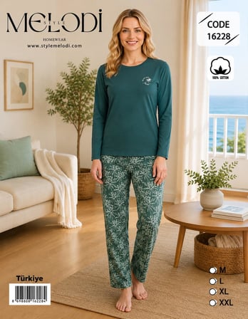 Melodi Kadın Standart Kalıp %100 Pamuk Bisiklet Yaka Uzun Kollu Baharlık Pijama Takımı 16228 - 1 Adet