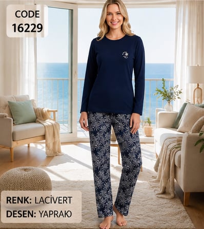 Melodi Kadın Standart Kalıp %100 Pamuk Bisiklet Yaka Uzun Kollu Baharlık Pijama Takımı 16229 - 1 Adet