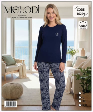 Melodi Kadın Standart Kalıp %100 Pamuk Bisiklet Yaka Uzun Kollu Baharlık Pijama Takımı 16229 - 1 Adet