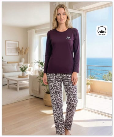 Melodi Kadın Standart Kalıp %100 Pamuk Bisiklet Yaka Uzun Kollu Baharlık Pijama Takımı 16233 - 1 Adet
