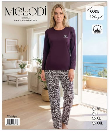 Melodi Kadın Standart Kalıp %100 Pamuk Bisiklet Yaka Uzun Kollu Baharlık Pijama Takımı 16233 - 1 Adet