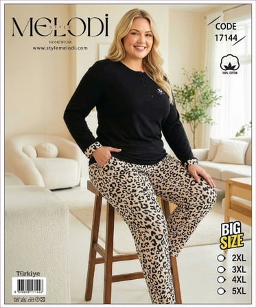 Melodi Kadın Büyük Beden %100 Pamuk Düğmeli Yaka Uzun Kollu Baharlık Pijama Takımı 17144 - 1 Adet