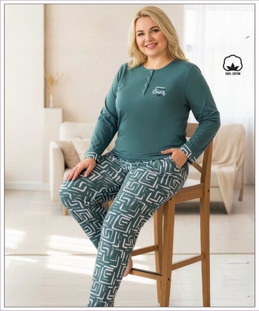 Melodi Kadın Büyük Beden %100 Pamuk Düğmeli Yaka Uzun Kollu Baharlık Pijama Takımı 17145 - 1 Adet