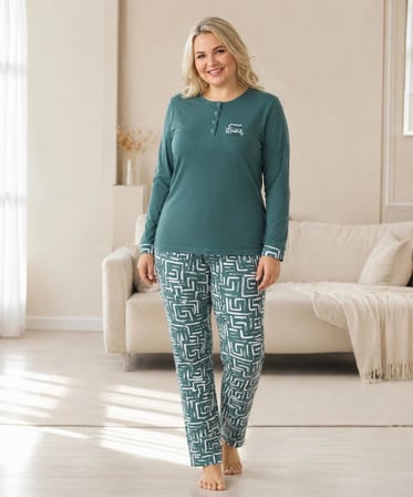 Melodi Kadın Büyük Beden %100 Pamuk Düğmeli Yaka Uzun Kollu Baharlık Pijama Takımı 17145 - 1 Adet