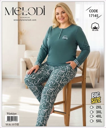 Melodi Kadın Büyük Beden %100 Pamuk Düğmeli Yaka Uzun Kollu Baharlık Pijama Takımı 17145 - 1 Adet