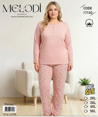 Melodi Kadın Büyük Beden %100 Pamuk Düğmeli Yaka Uzun Kollu Baharlık Pijama Takımı 17150 - 1 Adet