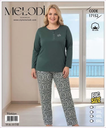 Melodi Kadın Büyük Beden %100 Pamuk Düğmeli Yaka Uzun Kollu Baharlık Pijama Takımı 17152 - 1 Adet