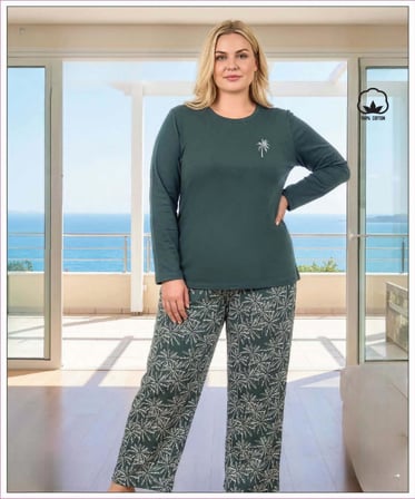 Melodi Kadın Büyük Beden %100 Pamuk Bisiklet Yaka Uzun Kollu Baharlık Pijama Takımı 17148 - 1 Adet