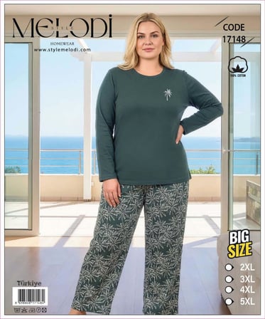 Melodi Kadın Büyük Beden %100 Pamuk Bisiklet Yaka Uzun Kollu Baharlık Pijama Takımı 17148 - 1 Adet