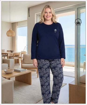Melodi Kadın Büyük Beden %100 Pamuk Bisiklet Yaka Uzun Kollu Baharlık Pijama Takımı 17149 - 1 Adet
