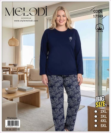 Melodi Kadın Büyük Beden %100 Pamuk Bisiklet Yaka Uzun Kollu Baharlık Pijama Takımı 17149 - 1 Adet