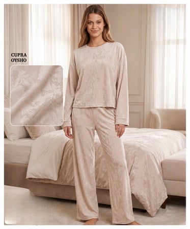 Mihra Kadın Oysho Bisiklet Yaka Uzun Kol Desenli Baharlık Pijama Takımı 20104EG - 1 Adet